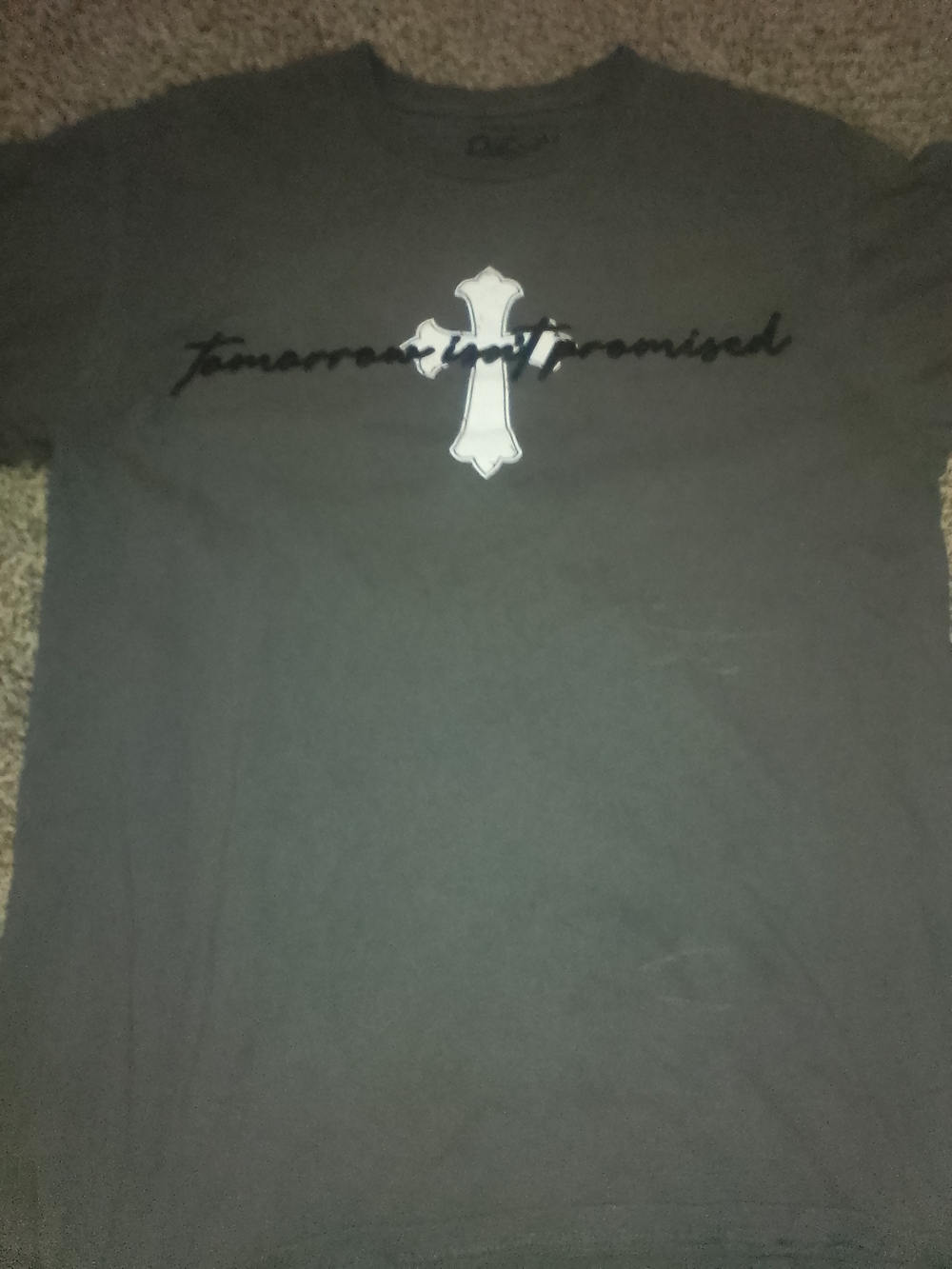 pop Men's Gray Tee with White Cross Graphic and Black Script